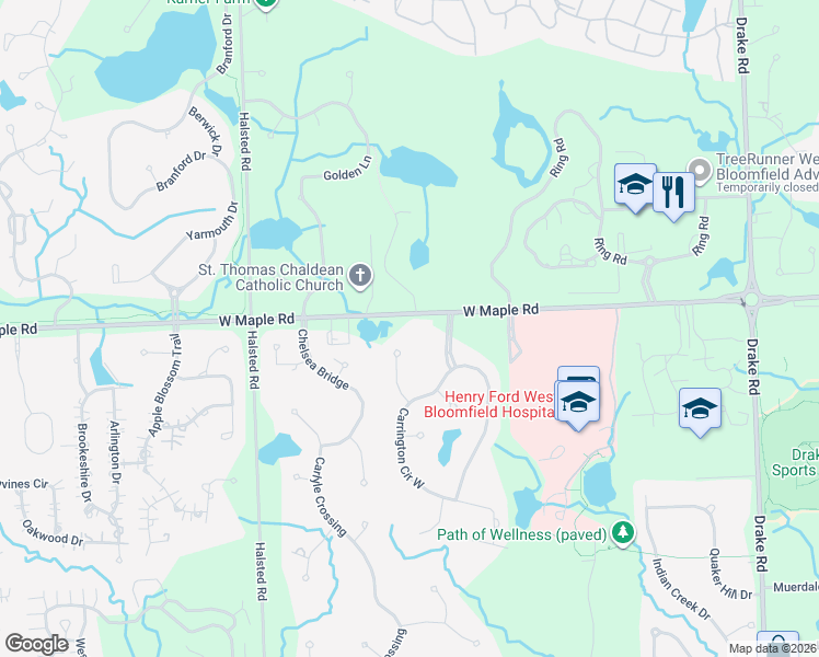map of restaurants, bars, coffee shops, grocery stores, and more near 6888 West Maple Road in West Bloomfield Township