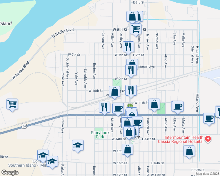 map of restaurants, bars, coffee shops, grocery stores, and more near 918 Miller Ave in Burley