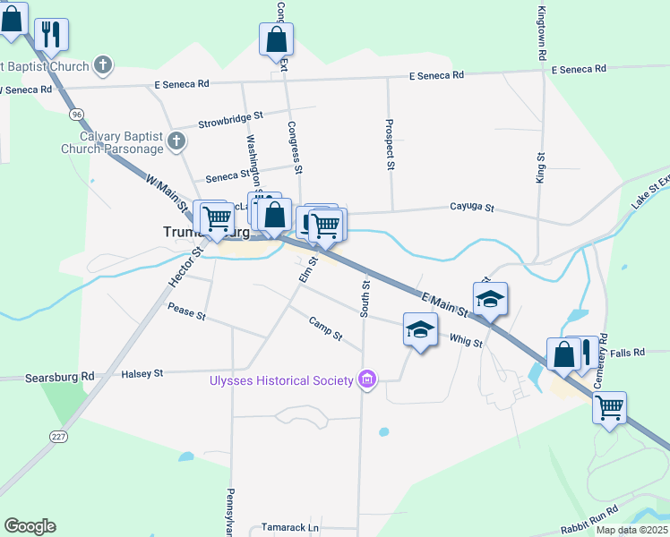 map of restaurants, bars, coffee shops, grocery stores, and more near 50 East Main Street in Trumansburg