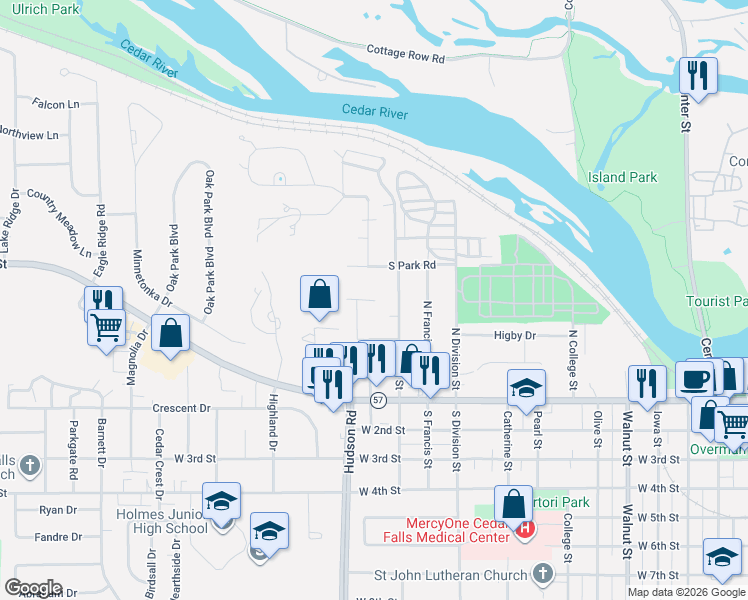 map of restaurants, bars, coffee shops, grocery stores, and more near 1603-1605 Linda Drive in Cedar Falls
