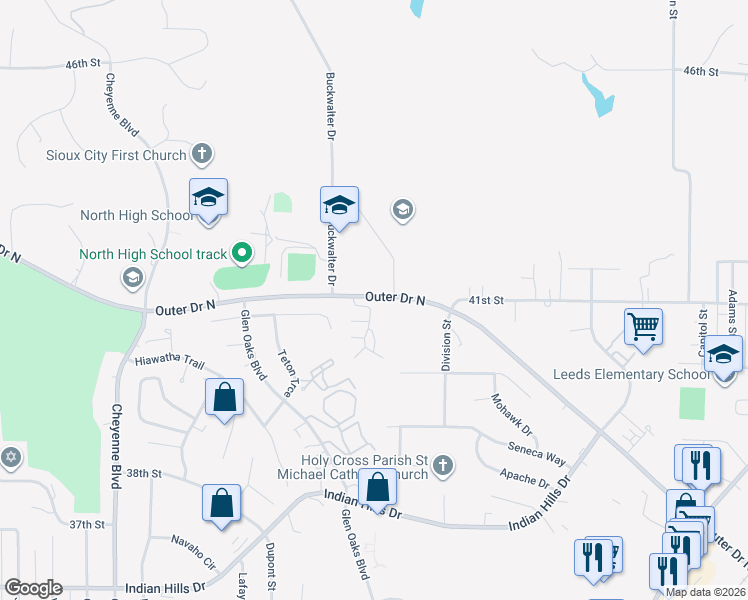 map of restaurants, bars, coffee shops, grocery stores, and more near 1951-2053 Outer Drive North in Sioux City