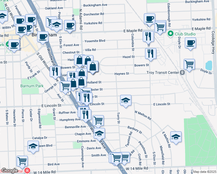 map of restaurants, bars, coffee shops, grocery stores, and more near 1475 Webster Street in Birmingham
