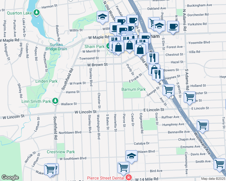 map of restaurants, bars, coffee shops, grocery stores, and more near 784 Henrietta Street in Birmingham