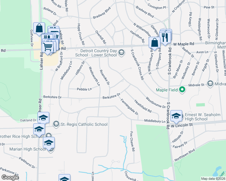 map of restaurants, bars, coffee shops, grocery stores, and more near 2953 Summervale Lane in Bloomfield Hills