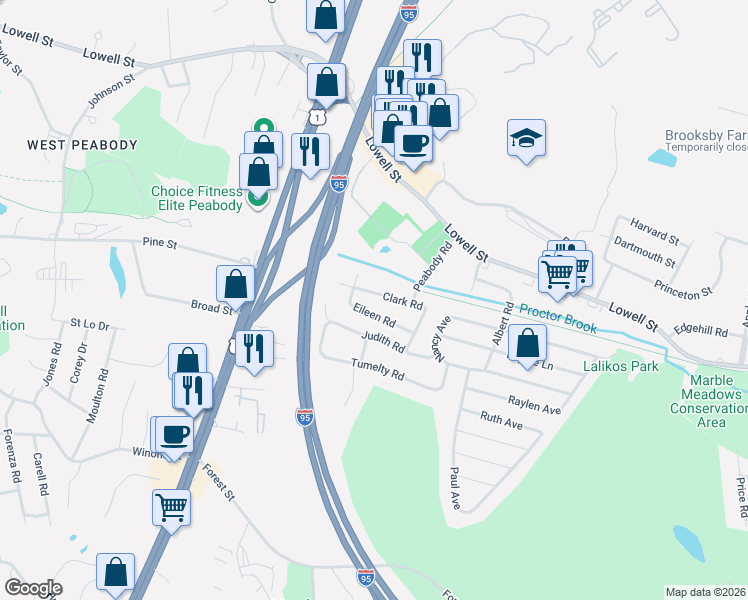 map of restaurants, bars, coffee shops, grocery stores, and more near 21 Clark Road in Peabody