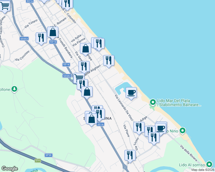 map of restaurants, bars, coffee shops, grocery stores, and more near 54B Via Leonardo Da Vinci in Silvi