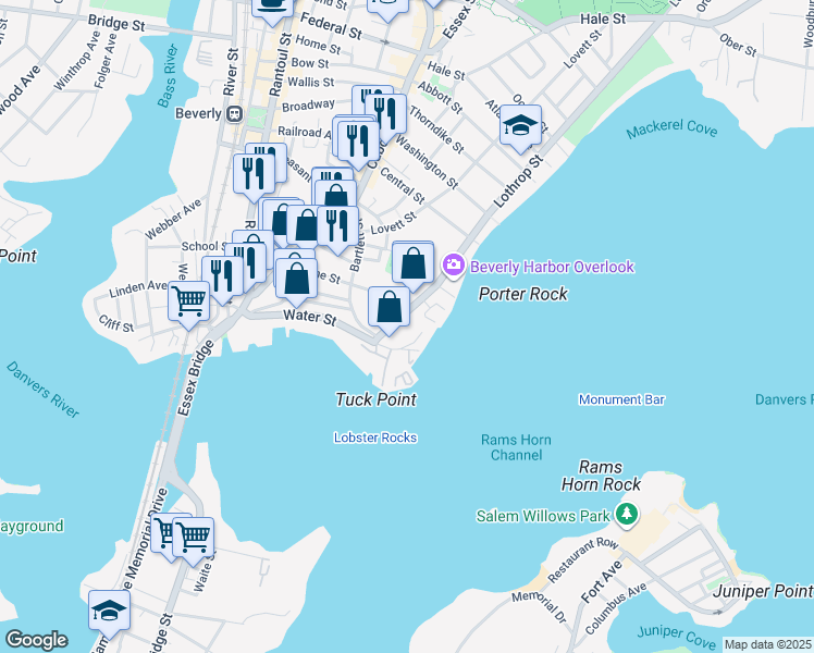 map of restaurants, bars, coffee shops, grocery stores, and more near 45 Stone Street in Beverly