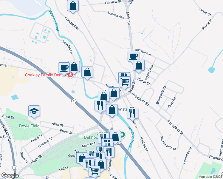 map of restaurants, bars, coffee shops, grocery stores, and more near 37 Hamilton Street in Leominster