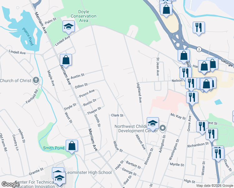 map of restaurants, bars, coffee shops, grocery stores, and more near 10 Autumn Hill in Leominster