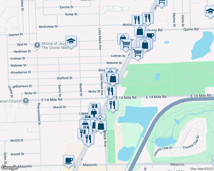 map of restaurants, bars, coffee shops, grocery stores, and more near 20735 Williamson Street in Clinton Township