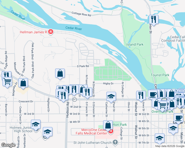 map of restaurants, bars, coffee shops, grocery stores, and more near 419 N Francis St in Cedar Falls