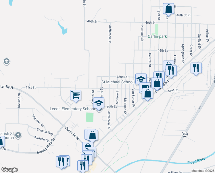 map of restaurants, bars, coffee shops, grocery stores, and more near 4100-4198 Jefferson Street in Sioux City