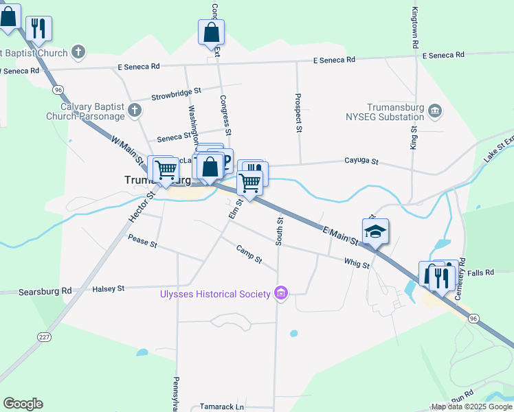 map of restaurants, bars, coffee shops, grocery stores, and more near 58 East Main Street in Trumansburg