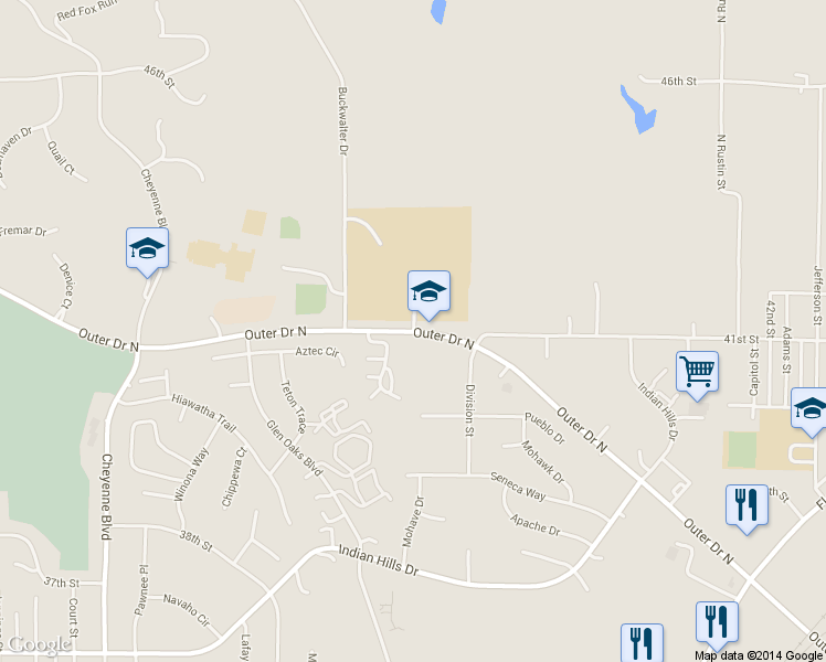 map of restaurants, bars, coffee shops, grocery stores, and more near 2053 Outer Drive North in Sioux City