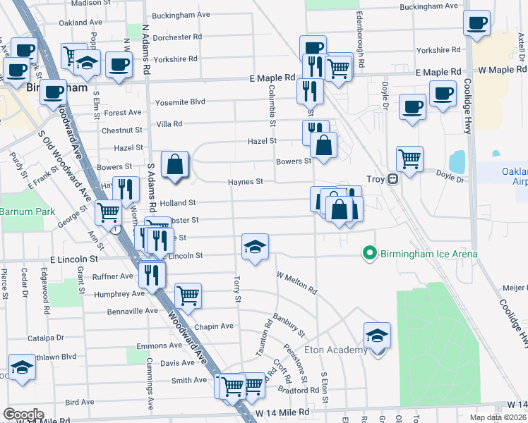 map of restaurants, bars, coffee shops, grocery stores, and more near 1732 Holland Street in Birmingham