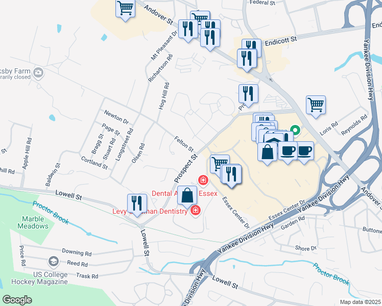 map of restaurants, bars, coffee shops, grocery stores, and more near 46 Prospect Street in Peabody