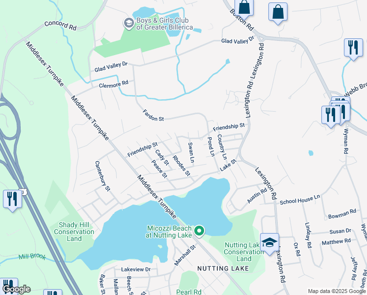 map of restaurants, bars, coffee shops, grocery stores, and more near 14 Swan Lane in Billerica