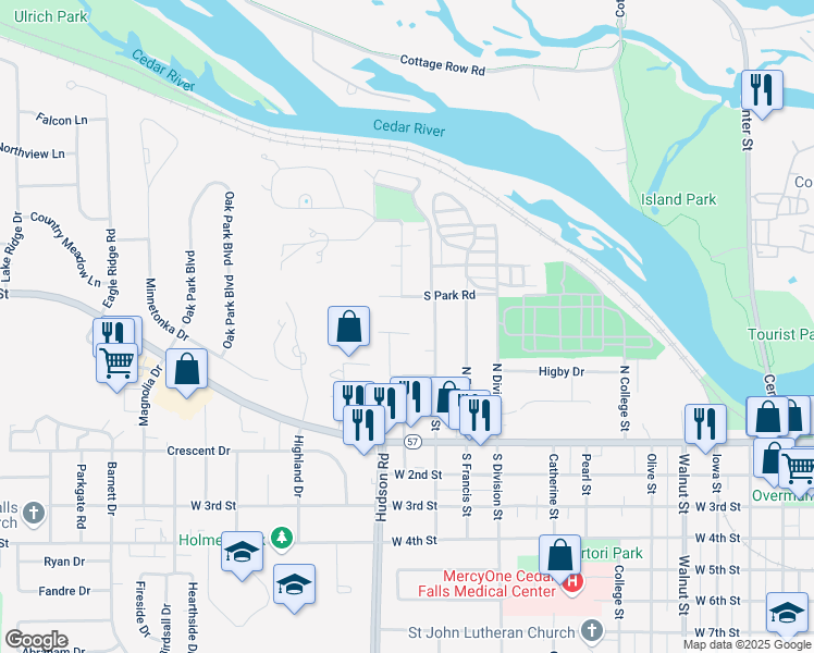 map of restaurants, bars, coffee shops, grocery stores, and more near 1603-1605 Linda Drive in Cedar Falls