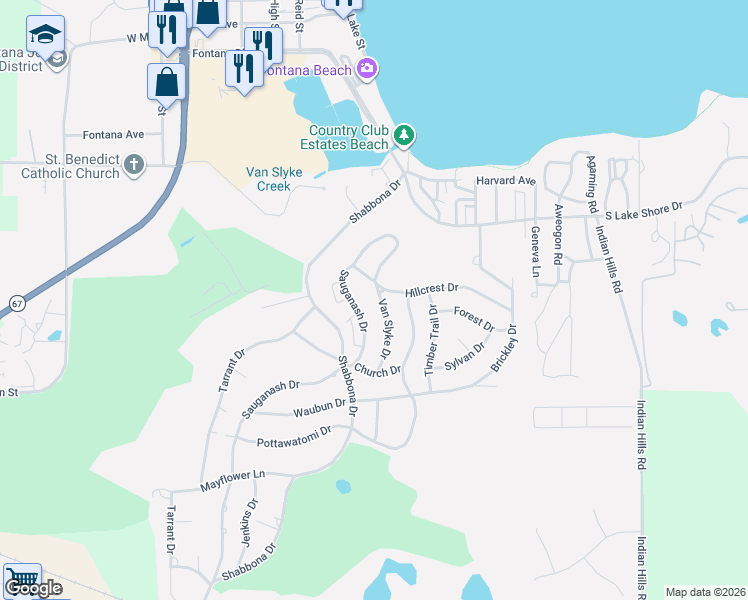 map of restaurants, bars, coffee shops, grocery stores, and more near 808 Van Slyke Drive in Fontana-on-Geneva Lake