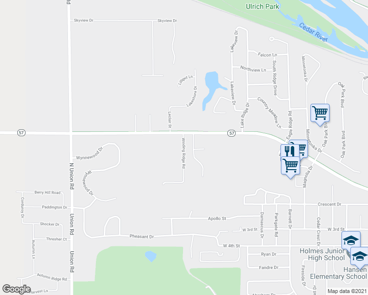 map of restaurants, bars, coffee shops, grocery stores, and more near 445 Winding Ridge Road in Cedar Falls
