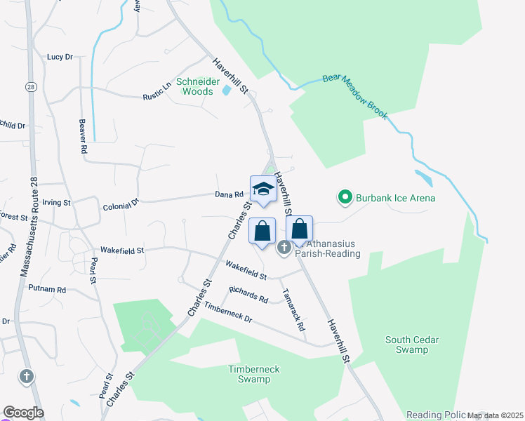 map of restaurants, bars, coffee shops, grocery stores, and more near 333 Charles Street in Reading
