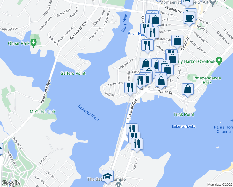 map of restaurants, bars, coffee shops, grocery stores, and more near 7 Cliff Street in Beverly
