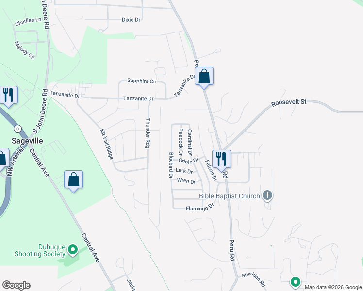 map of restaurants, bars, coffee shops, grocery stores, and more near 4633-4699 Cardinal Drive in Dubuque