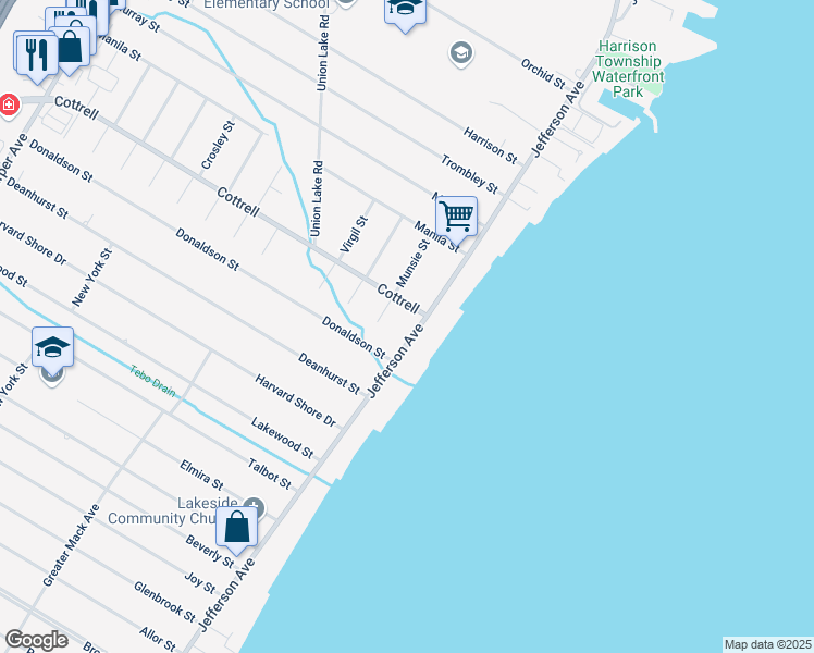 map of restaurants, bars, coffee shops, grocery stores, and more near 34257 Jefferson Avenue in Harrison Township