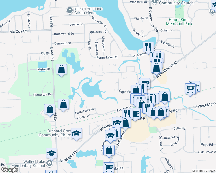 map of restaurants, bars, coffee shops, grocery stores, and more near 300 Eagle Pond Drive in Walled Lake