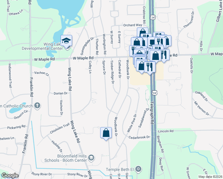 map of restaurants, bars, coffee shops, grocery stores, and more near 6743 Timber Ridge Drive in Bloomfield Hills