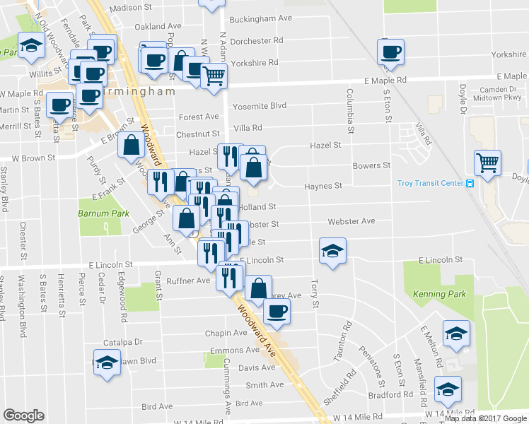 map of restaurants, bars, coffee shops, grocery stores, and more near 1312 Holland Street in Birmingham