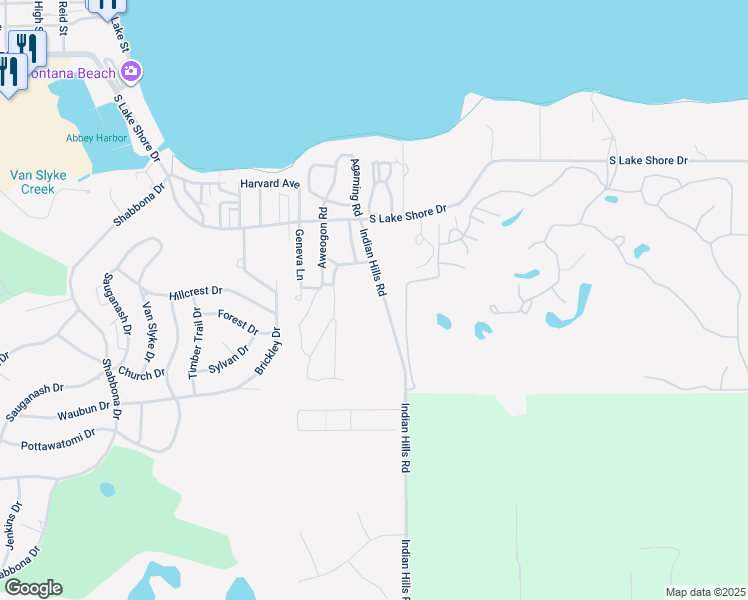 map of restaurants, bars, coffee shops, grocery stores, and more near 778 Indian Hills Road in Fontana-on-Geneva Lake
