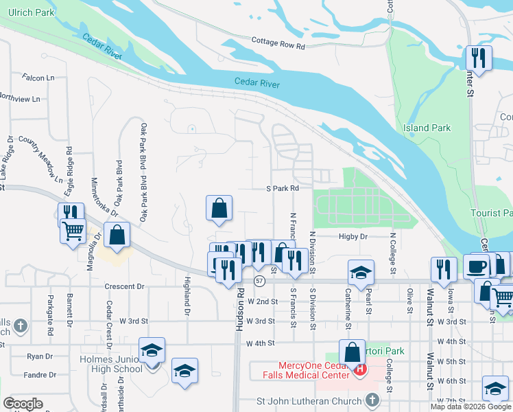 map of restaurants, bars, coffee shops, grocery stores, and more near 1603-1605 Linda Drive in Cedar Falls