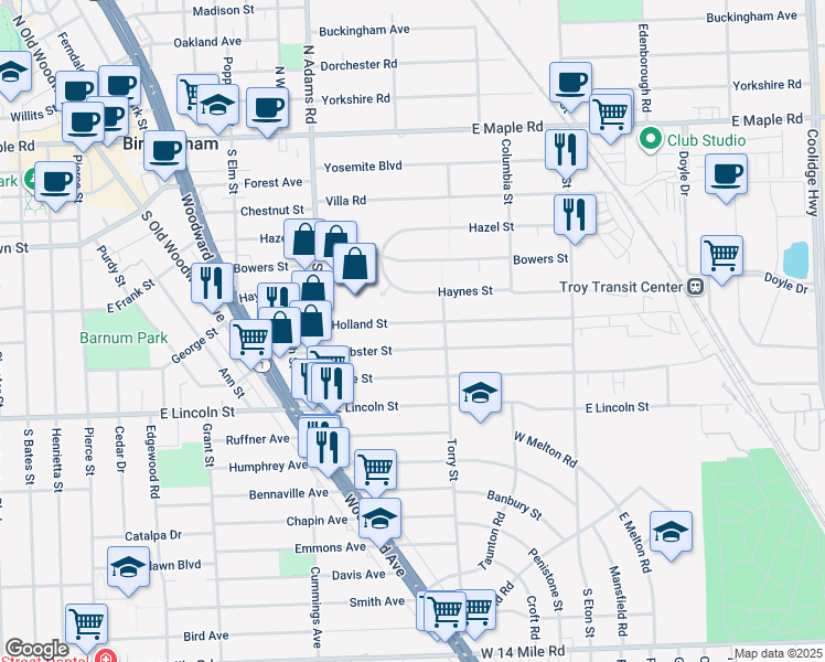 map of restaurants, bars, coffee shops, grocery stores, and more near 1462 Holland Street in Birmingham