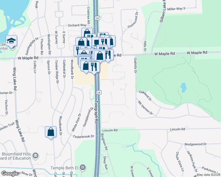 map of restaurants, bars, coffee shops, grocery stores, and more near 4059 Country Club Drive in Bloomfield Hills