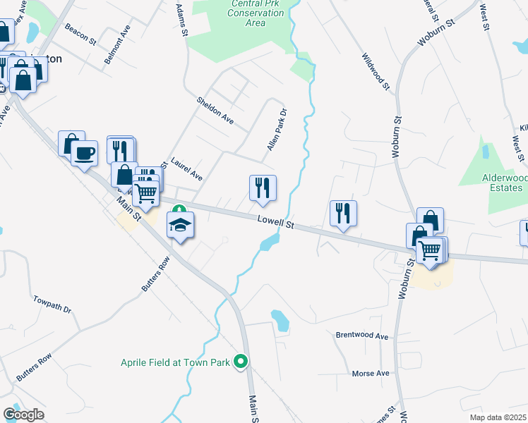 map of restaurants, bars, coffee shops, grocery stores, and more near 110 Lowell Street in Wilmington