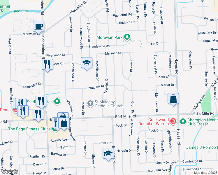 map of restaurants, bars, coffee shops, grocery stores, and more near 33392 Brownlea Drive in Sterling Heights
