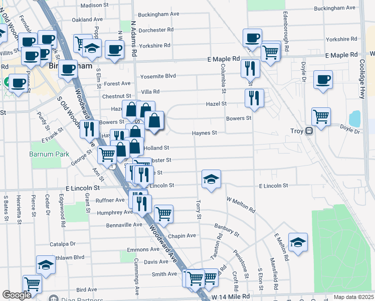map of restaurants, bars, coffee shops, grocery stores, and more near 1462 Holland Street in Birmingham