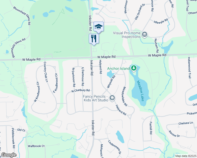 map of restaurants, bars, coffee shops, grocery stores, and more near 6700 Halyard Road in Bloomfield Hills