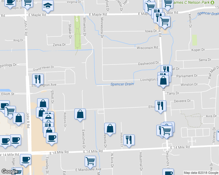 map of restaurants, bars, coffee shops, grocery stores, and more near 710 Minnesota Dr in Troy
