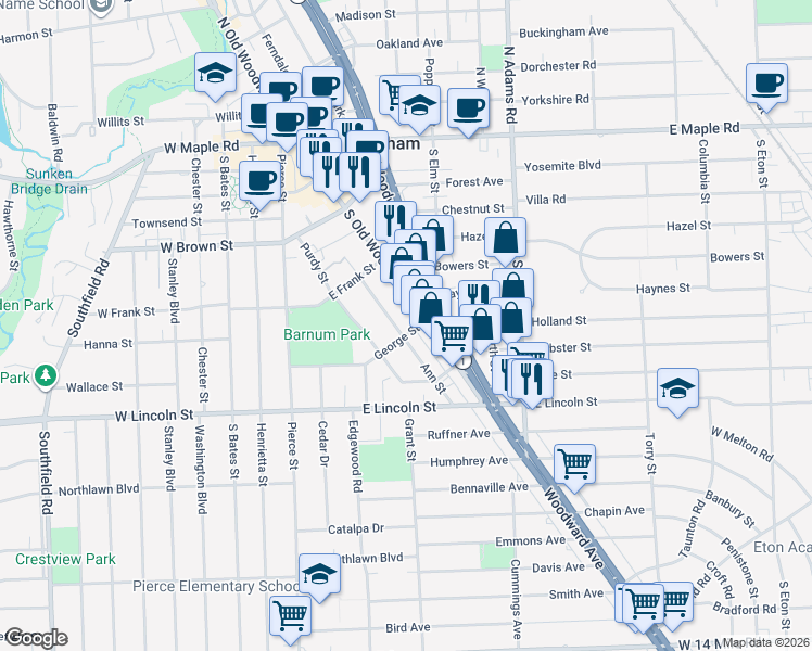 map of restaurants, bars, coffee shops, grocery stores, and more near 772 South Old Woodward Avenue in Birmingham