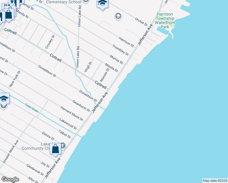 map of restaurants, bars, coffee shops, grocery stores, and more near 34304 Jefferson Ave in Harrison Township