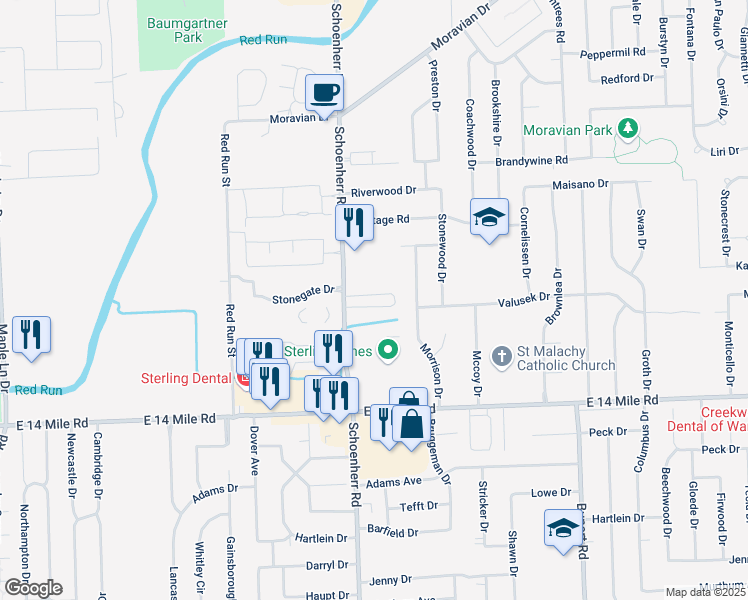 map of restaurants, bars, coffee shops, grocery stores, and more near 33430 Schoenherr Road in Sterling Heights