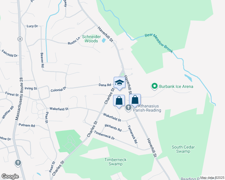 map of restaurants, bars, coffee shops, grocery stores, and more near 333 Charles Street in Reading