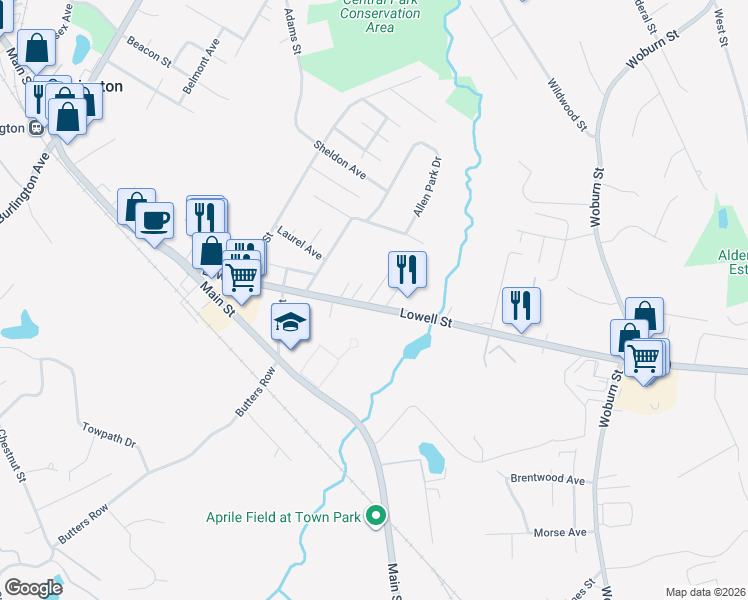 map of restaurants, bars, coffee shops, grocery stores, and more near 90 Massachusetts 129 in Wilmington