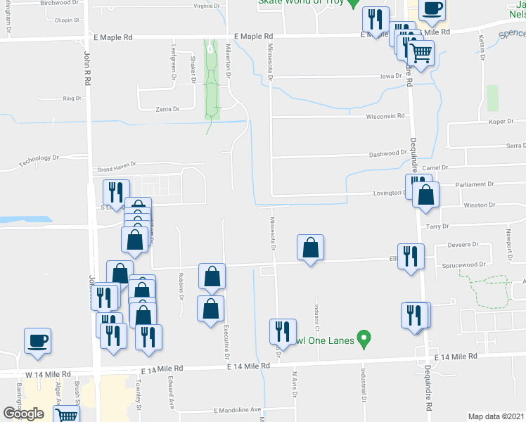 map of restaurants, bars, coffee shops, grocery stores, and more near 701 Minnesota Dr in Troy