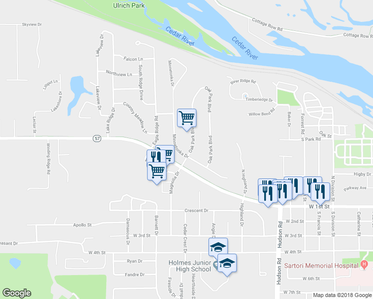 map of restaurants, bars, coffee shops, grocery stores, and more near 1329 Oak Park Boulevard in Cedar Falls
