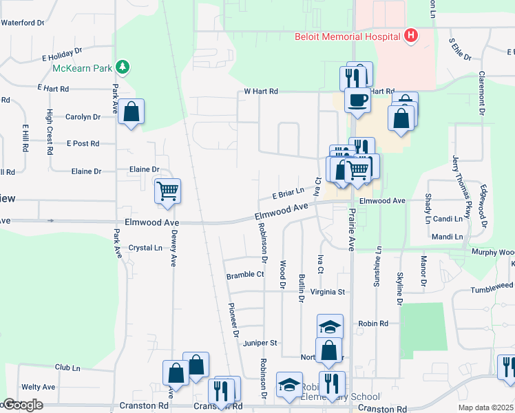 map of restaurants, bars, coffee shops, grocery stores, and more near 2576 Robinson Drive in Beloit
