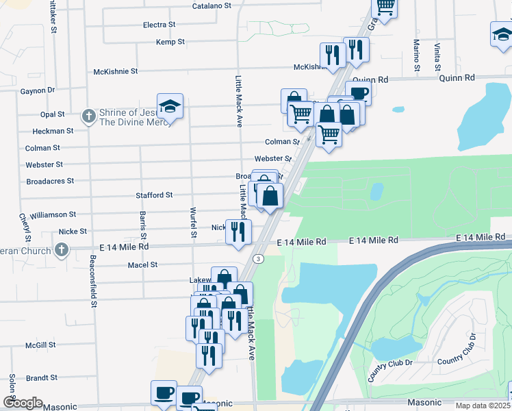 map of restaurants, bars, coffee shops, grocery stores, and more near 20735 Williamson Street in Clinton Township
