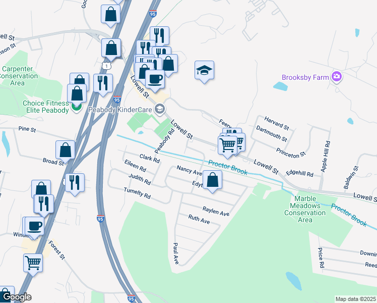 map of restaurants, bars, coffee shops, grocery stores, and more near 5 Albert Road in Peabody